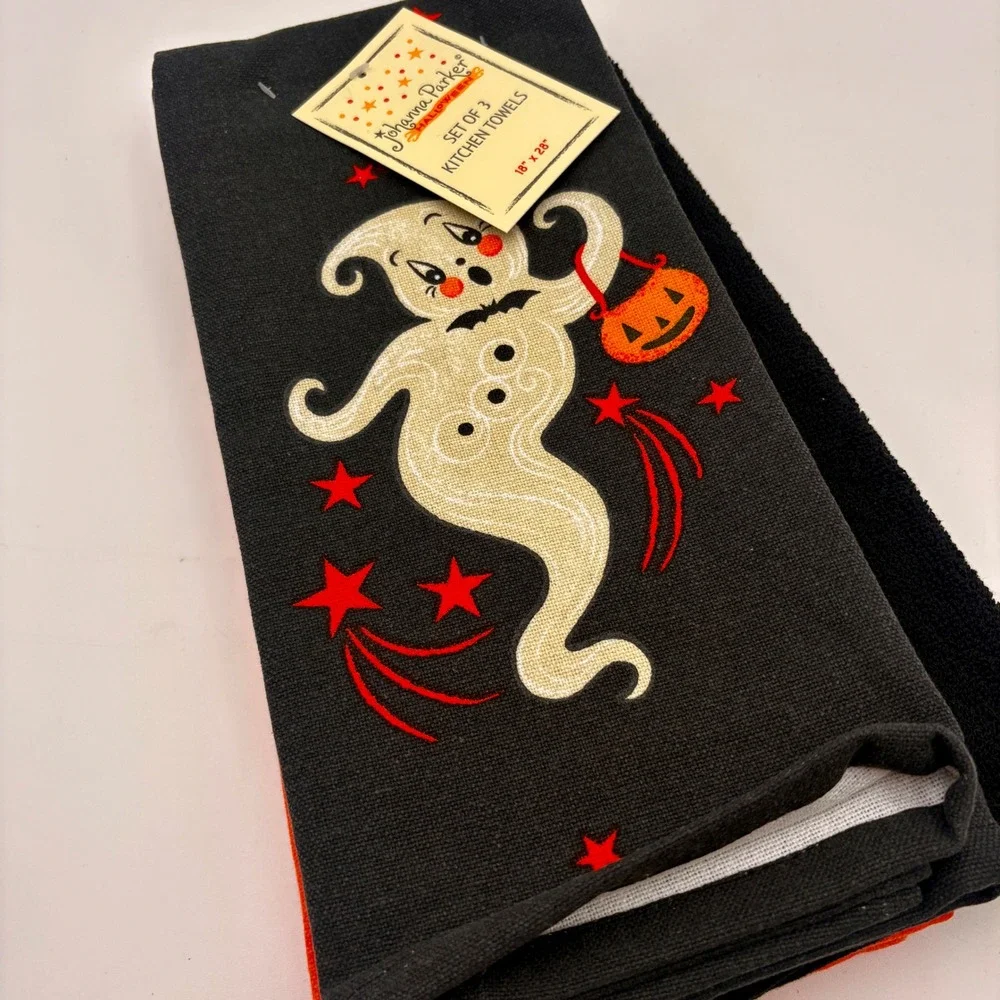 Johanna Parker Halloween Kitchen Towels Set of 3 Witch Ghost Orange Black 18x28